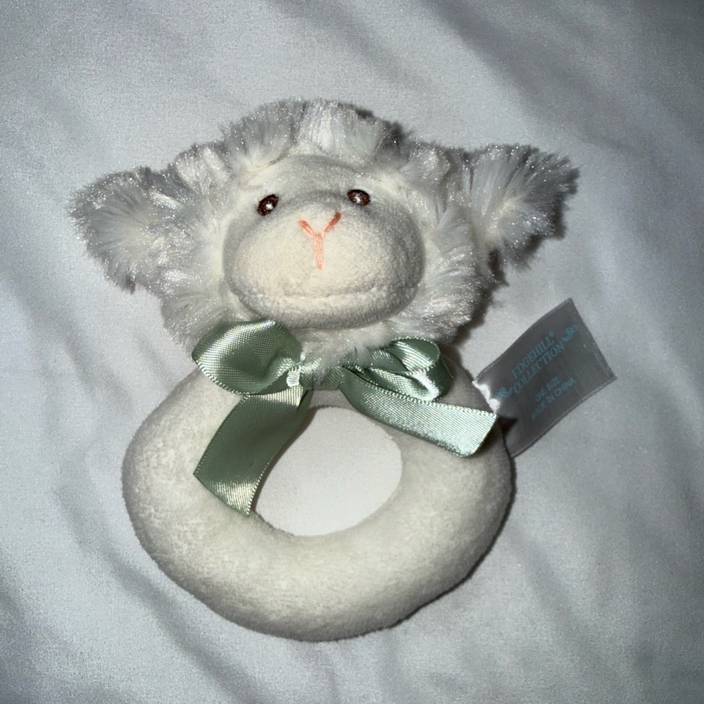Edgehill Collection White Lamb Rattle with Green Bow
